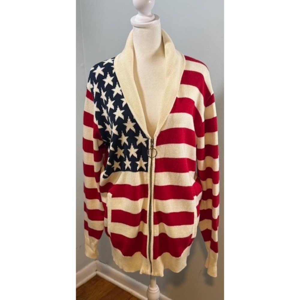 Show Me Your MuMu Zippy Cardigan America Knit Stars Stripes Flag Print Small - Picture 2 of 12